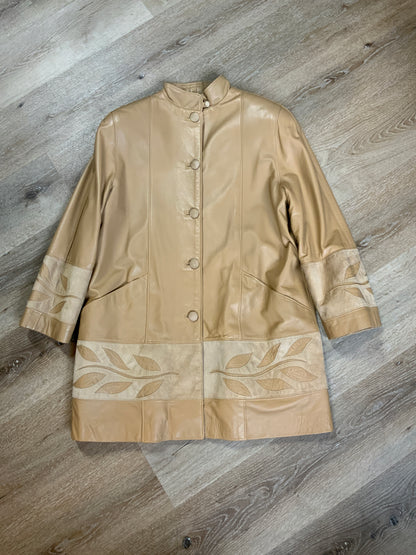 Kingspier Vintage - Les Fourrures Lord Inc beige coloured leather car coat with suede leaf motif at cuffs and hem, suede buttons and patch pockets.