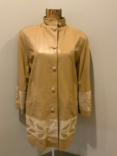 Kingspier Vintage - Les Fourrures Lord Inc beige coloured leather car coat with suede leaf motif at cuffs and hem, suede buttons and patch pockets.