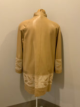 Load image into Gallery viewer, Kingspier Vintage - Les Fourrures Lord Inc beige coloured leather car coat with suede leaf motif at cuffs and hem, suede buttons and patch pockets.
