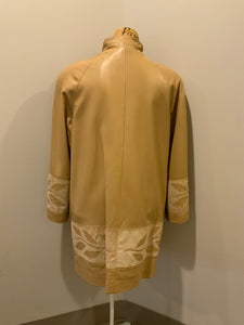 Kingspier Vintage - Les Fourrures Lord Inc beige coloured leather car coat with suede leaf motif at cuffs and hem, suede buttons and patch pockets.