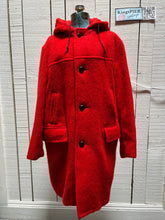 Load image into Gallery viewer, Genuine Hudson’s Bay Company 100% wool point blanket coat in bright red. The coat features flap pockets and hand warmer pockets, leather buttons, zip closure and a hood. 

Made in Canada. 
Size medium.
