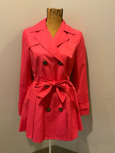 Load image into Gallery viewer, Kingspier Vintage - Black Rivet bright pink double breasted trench coat with belt, welt pockets, pleated skirt and vibrant flower motif lining. Size small.
