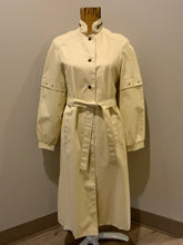 Load image into Gallery viewer, Kingspier Vintage - Westfield single breasted trench coat in cream with belt, snap closures, welt pockets and zip detail in collar. Made in Winnipeg, Canada. NWT, Size 8.
