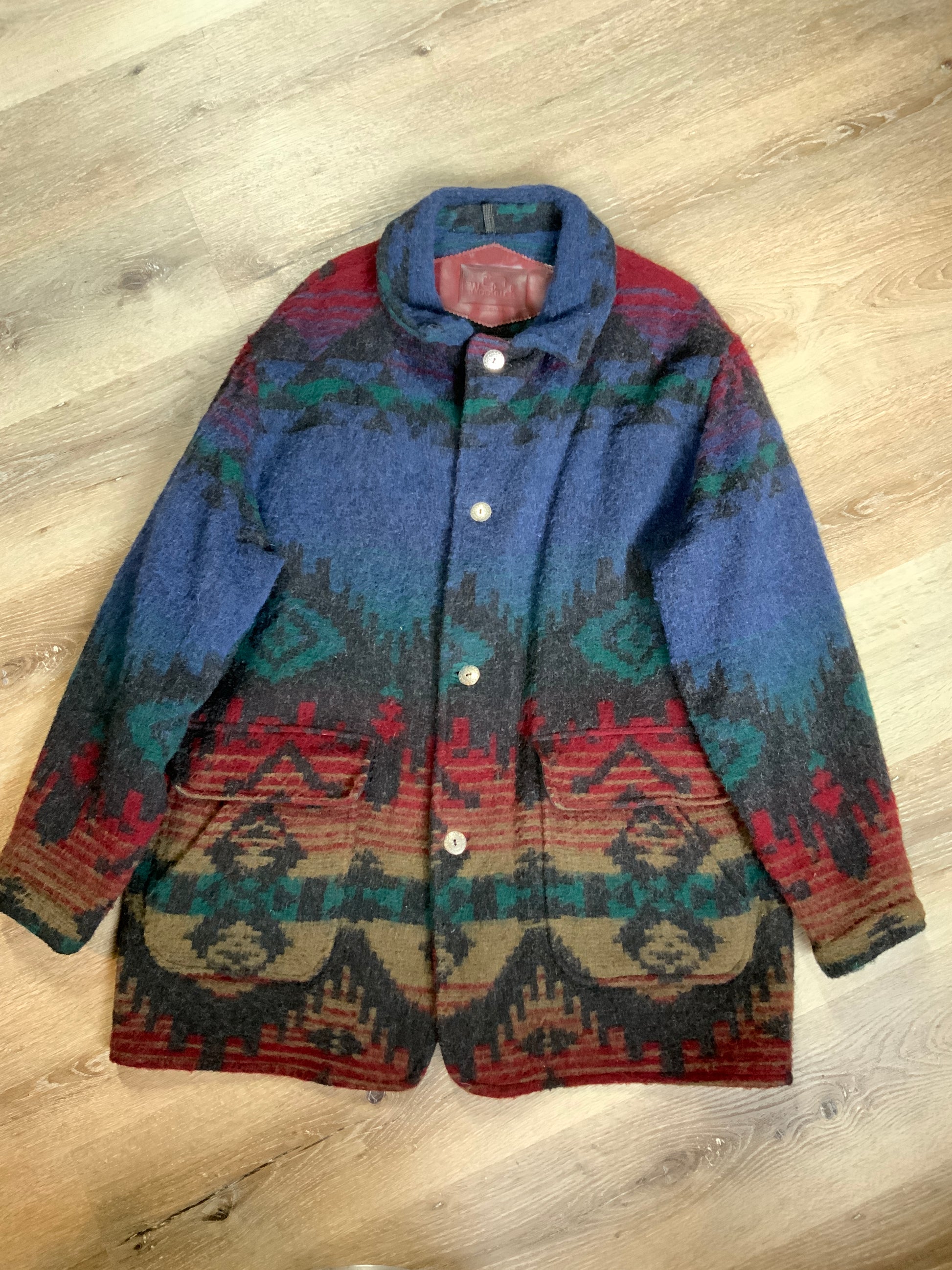 Kingspier Vintage - Woolrich blue, green, red design wool coat with silver buttons, flap pockets. Made in the USA. Size XL. 