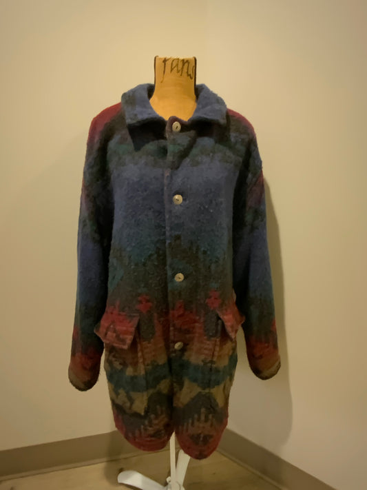 Kingspier Vintage - Woolrich blue, green, red design wool coat with silver buttons, flap pockets. Made in the USA. Size XL. 