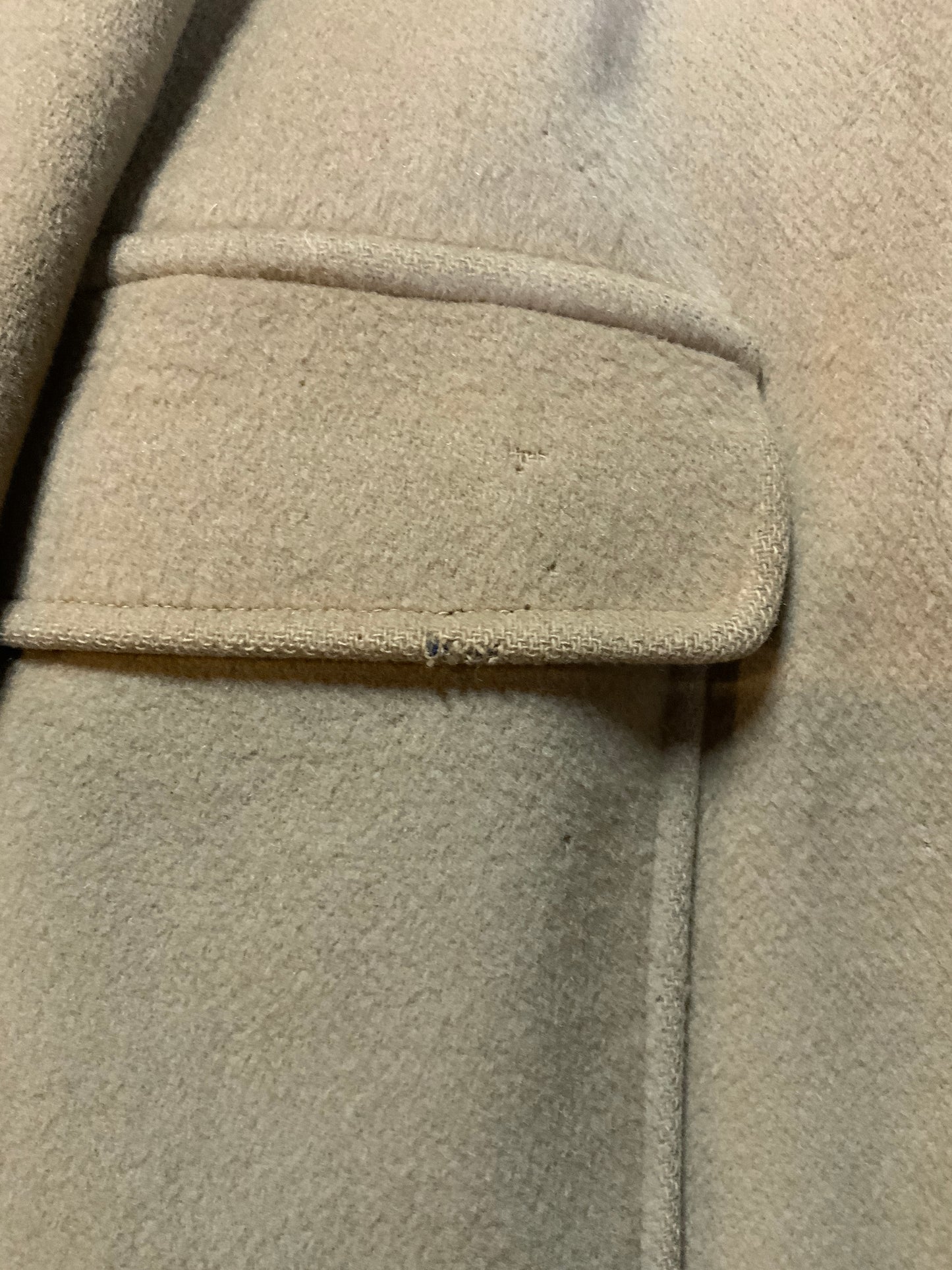 Kingspier Vintage - Gloverall Tan wool blend coat with hood, zipper, flap pockets and plaid lining. Made in England. Size 40. 