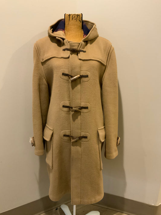 Kingspier Vintage - Gloverall Tan wool blend coat with hood, zipper, flap pockets and plaid lining. Made in England. Size 40. 