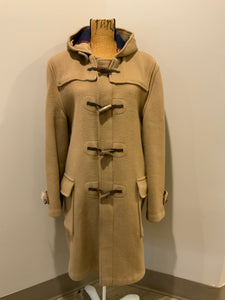 Kingspier Vintage - Gloverall Tan wool blend coat with hood, zipper, flap pockets and plaid lining. Made in England. Size 40. 