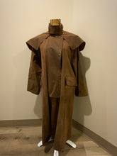 Load image into Gallery viewer, Kingspier Vintage - Driza - Bone Brown full length waxed canvas riding coat with cape shoulder detail, patch elbows, snap closures and flap pockets. The waxed canvas protects you from the elements. Made in Australia. Mens size 4. 
