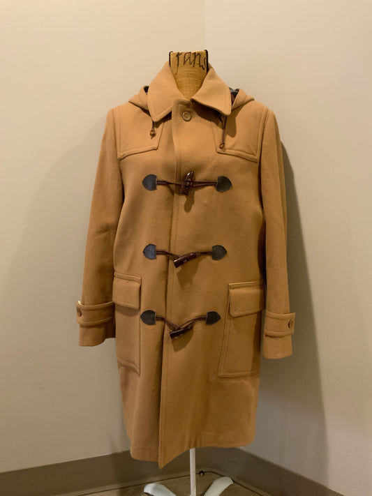 Kingspier Vintage - UTEX tan wool blend duffle coat with detachable hood, zipper, wooden toggles, flap pockets and a tartan lining which contains two inside pockets. Made in Bulgaria. Size 40. 