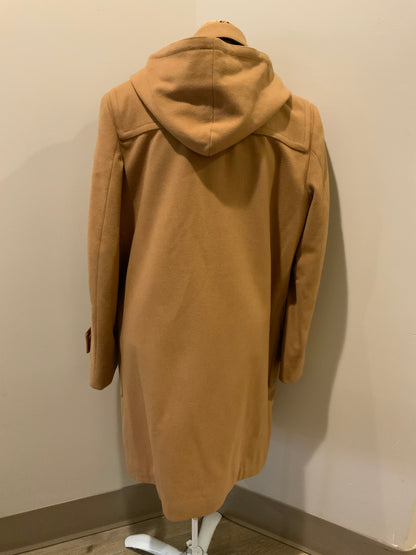 Kingspier Vintage - UTEX tan wool blend duffle coat with detachable hood, zipper, wooden toggles, flap pockets and a tartan lining which contains two inside pockets. Made in Bulgaria. Size 40. 