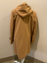 Load image into Gallery viewer, Kingspier Vintage - UTEX tan wool blend duffle coat with detachable hood, zipper, wooden toggles, flap pockets and a tartan lining which contains two inside pockets. Made in Bulgaria. Size 40. 
