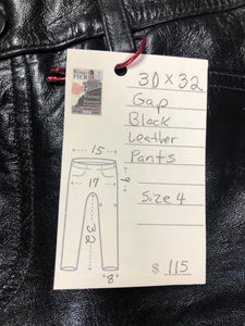 Vintage Gap black straight leg leather pants with zipper fly, and front and back pockets, partially lined. Size 4 (30x32).

