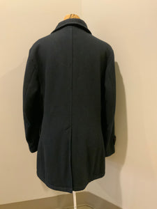 Kingspier Vintage - The Bay navy blue wool blend peacoat with front welt pockets and flap pockets plus a raspberry colour quilted lining. Made in Canada. Size 40.