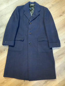 Kingspier Vintage - Eaton’s Clothes navy Crombie Wool overcoat with button closures and flap pockets. Inside pocket and monogram “Fredrick S Richardson”.