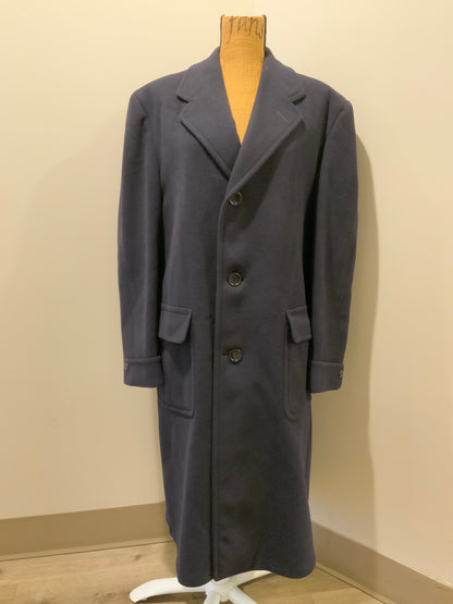 Kingspier Vintage - Eaton’s Clothes navy Crombie Wool overcoat with button closures and flap pockets. Inside pocket and monogram “Fredrick S Richardson”.