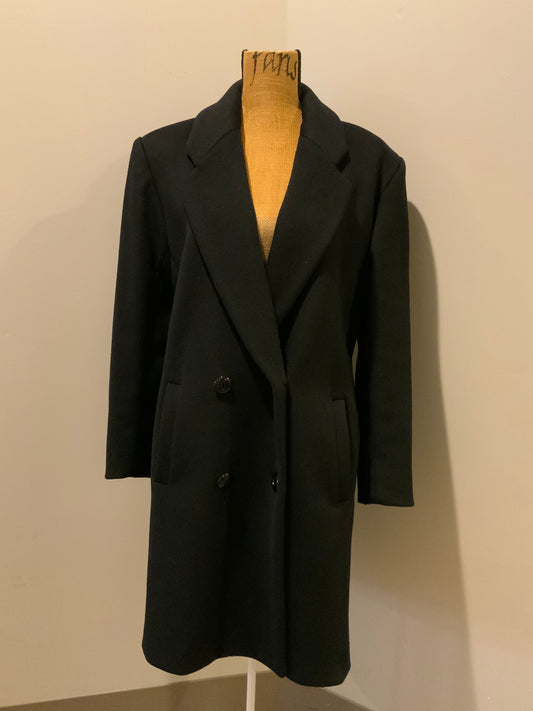 Kingspier Vintage - Lindzon Black 100% pure virgin wool double breasted overcoat with slash pockets. Made in Canada.