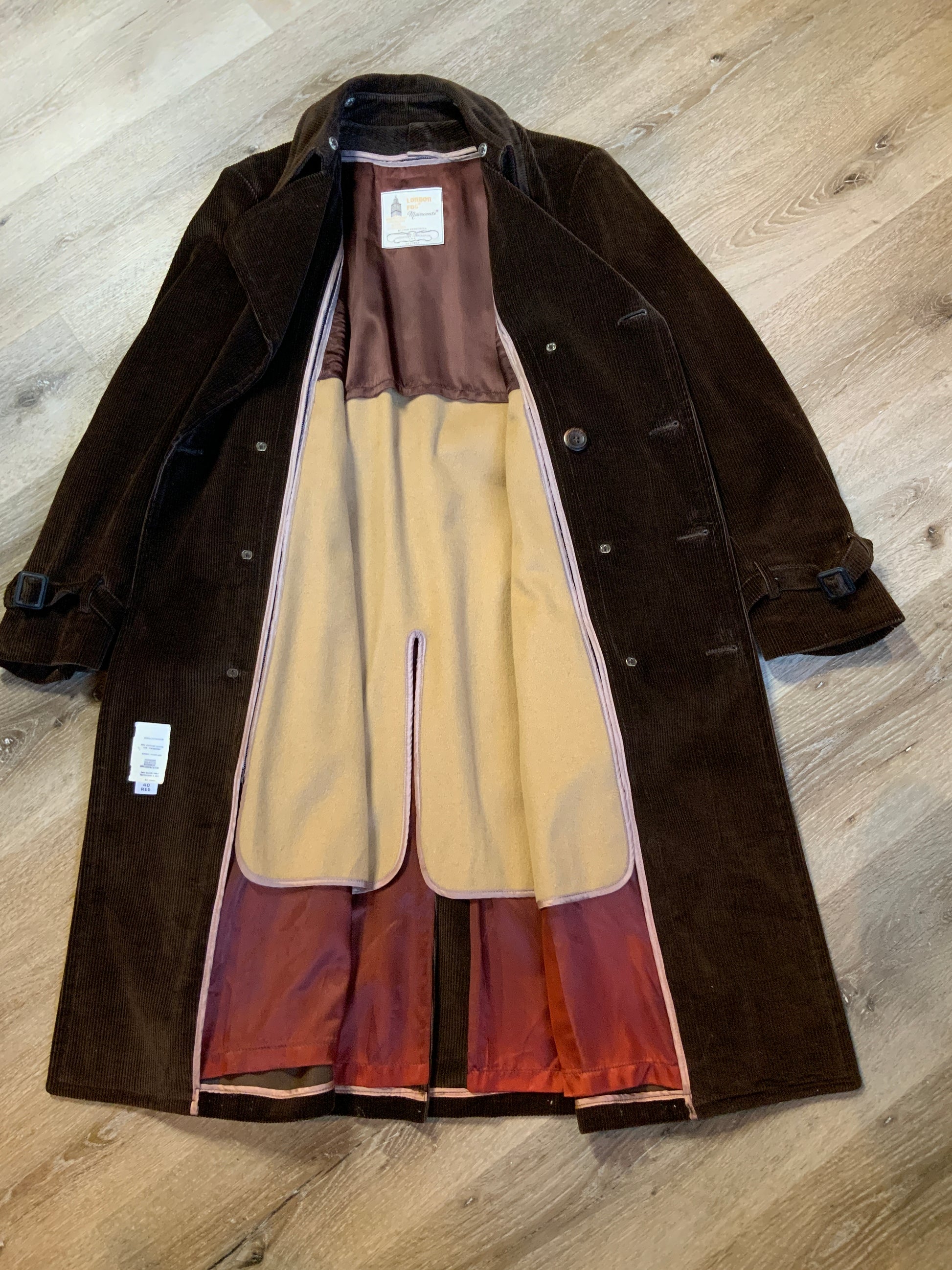 Kingspier Vintage - London Fog brown corduroy double breasted trench coat with wooden buttons, slash pockets, two belt options and zip out wool lining.