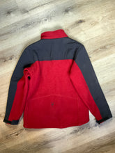 Load image into Gallery viewer, Kingspier Vintage - IBEX navy and red wool blend jacket with front zipper, three slash zip pockets, Velcro closures on the cuffs and drawstrings at the waist. Made in the USA. Size medium.
