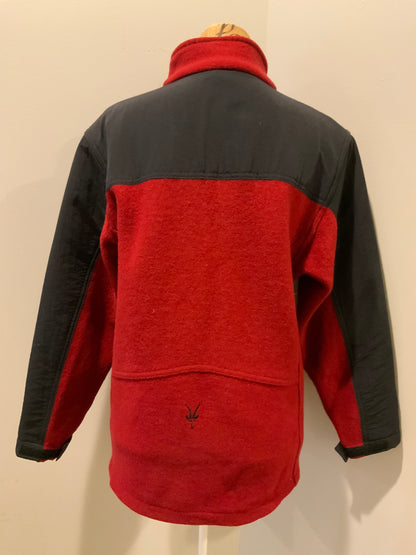 Kingspier Vintage - IBEX navy and red wool blend jacket with front zipper, three slash zip pockets, Velcro closures on the cuffs and drawstrings at the waist. Made in the USA. Size medium.