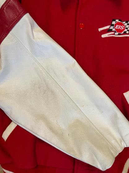 Kingspier Vintage - EIS red letterman’s jacket with white leather arms, race flag embroidered emblem, snap closures and slash pockets. Size large.