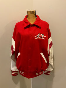 Kingspier Vintage - EIS red letterman’s jacket with white leather arms, race flag embroidered emblem, snap closures and slash pockets. Size large.