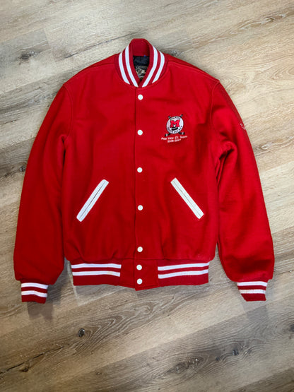 Kingspier Vintage - Melrose Youth Hockey letterman’s jacket in red with white accents, embroidered emblem on the front and lettering on the back with monogram on shoulder “Kevin”. Snap closures, slash pockets. Made in the USA. Size M.