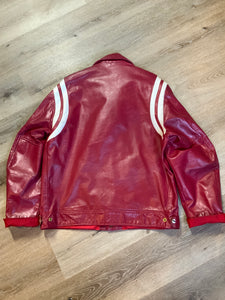 Kingspier Vintage - Mess Champs (Greenwood) Baseball red letterman’s jacket with white stripes , embroidered emblem on chest, snap closures and slash pockets. Size 42.