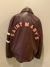 Load image into Gallery viewer, Kingspier Vintage - Saint Mary’s Letterman Jacket in Burgundy with “Saint Mary’s” written across the back, snap closures, slash buttons, zip out lining and inside pocket. Made in Canada. Size 44.
