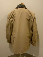 Load image into Gallery viewer, Kingspier Vintage - Special Reserve hunting jacket in beige with brown leather collar featuring a strap to keep your collar in place, zipper, three flap pockets and one zip pocket. Knit inside cuffs. lined for cooler weather with drawstring at waist. Made in Canada. Size 44. 
