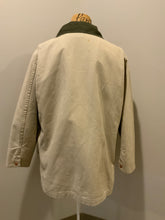 Load image into Gallery viewer, Kingspier Vintage - L.L.Bean beige field jacket with green corduroy collar and cuff, four front patch pockets and one zip pocket, button closures, removable plaid &quot;Prima Loft&quot; synthetic down lining. Size large petite women’s. 
