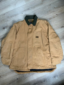 Kingspier Vintage - Dickies canvas work jacket with green corduroy collar, patch pockets, zipper, Velcro closures, quilted lining, an inside drawstring at the waist and an inside pocket. 