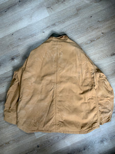 Kingspier Vintage - Dickies canvas work jacket with green corduroy collar, patch pockets, zipper, Velcro closures, quilted lining, an inside drawstring at the waist and an inside pocket. 