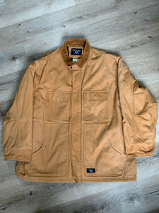 Kingspier Vintage - Wall’s Work Wear canvas work jacket with brown corduroy collar, zipper and snap closures, two front patch pockets and flap pockets, inside quilted lining with knit inside cuffs to keep the cold from getting in.
