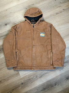 Kingspier Vintage - Charles River tan canvas work jacket with slash pockets, patch pockets, hood, “ timberline construction” embroidered emblem and quilted lining with inside pockets.
