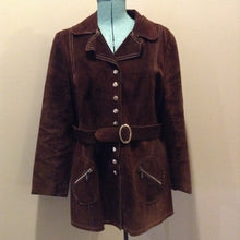 Load image into Gallery viewer, Kingspier Vintage - Vintage Sylvia Mark brown suede belted jacket with snap closures, decorative stitching, unique round pockets and pink satin lining. Made in Canada. Size Medium.


