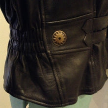 Load image into Gallery viewer, Kingspier Vintage -Vintage black leather moto jacket with brass hardware and zipper closure, belt details and a zipper reveals a vent in the back . Size large.

