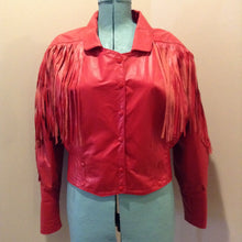 Load image into Gallery viewer, Kingspier Vintage - The Leather Ranch red fringe leather jacket with snap closures and red satin lining . Made in Canada, size XL.

