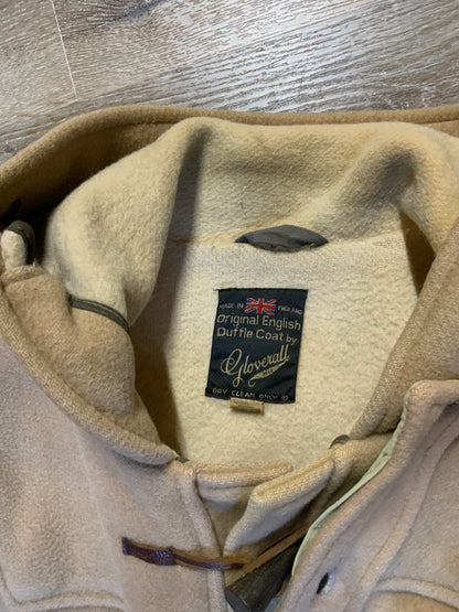 Kingspier Vintage - Gloverall tan wool duffle coat with hood, zipper, wooden toggles and flap pockets. Made in England. Size 42. 