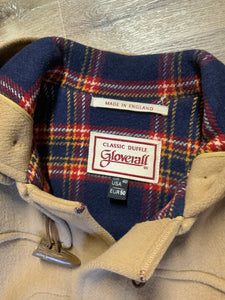 Kingspier Vintage - Gloverall Tan wool blend coat with hood, zipper, flap pockets and plaid lining. Made in England. Size 40. 