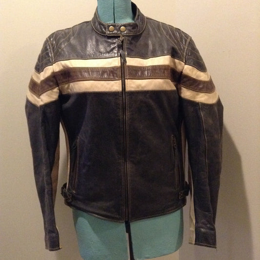 Kingspier Vintage -Vintage CCM Canada black, white and brown leather moto jacket with zipper closure, pockets and a snap collar. Size XL.
