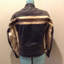 Load image into Gallery viewer, Kingspier Vintage -Vintage CCM Canada black, white and brown leather moto jacket with zipper closure, pockets and a snap collar. Size XL.

