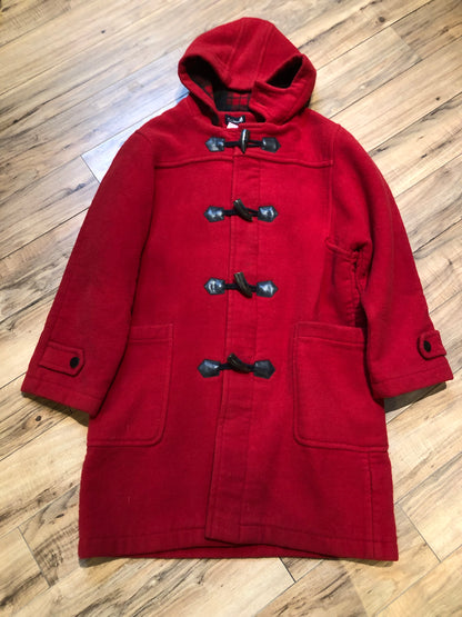 Kingspier Vintage - Michal Beaudouin red 100% wool duffle coat with hood, zipper and antler toggle closures, plaid lining, two front patch pockets and one inside pocket