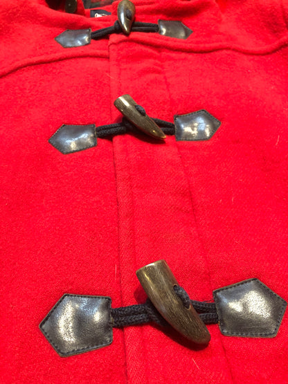 Kingspier Vintage - Michal Beaudouin red 100% wool duffle coat with hood, zipper and antler toggle closures, plaid lining, two front patch pockets and one inside pocket