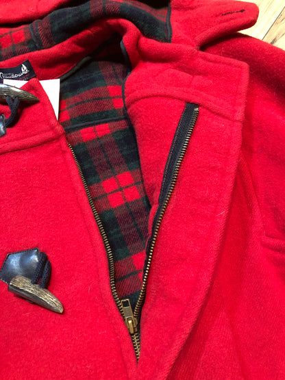 Kingspier Vintage - Michal Beaudouin red 100% wool duffle coat with hood, zipper and antler toggle closures, plaid lining, two front patch pockets and one inside pocket