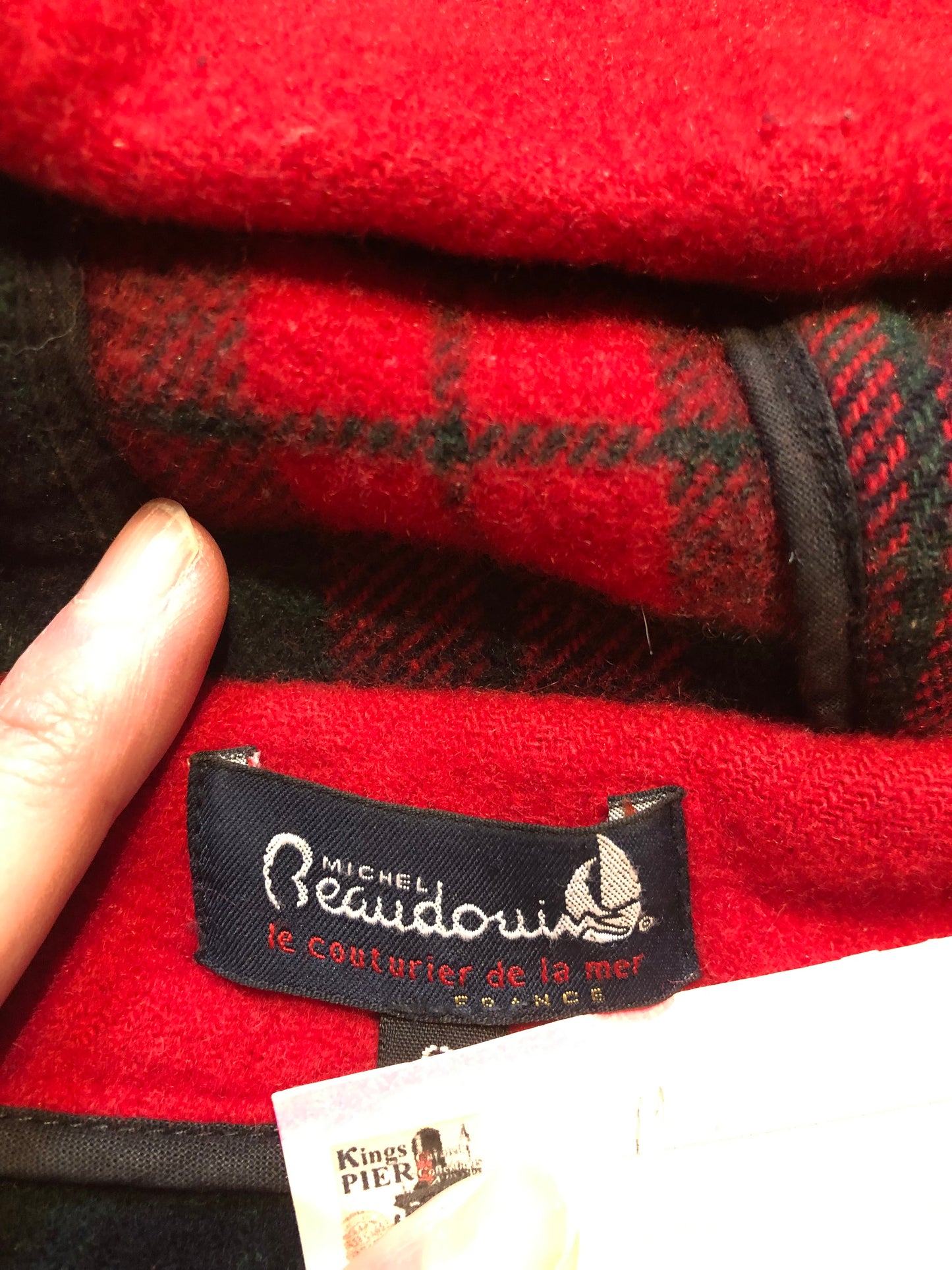 Kingspier Vintage - Michal Beaudouin red 100% wool duffle coat with hood, zipper and antler toggle closures, plaid lining, two front patch pockets and one inside pocket