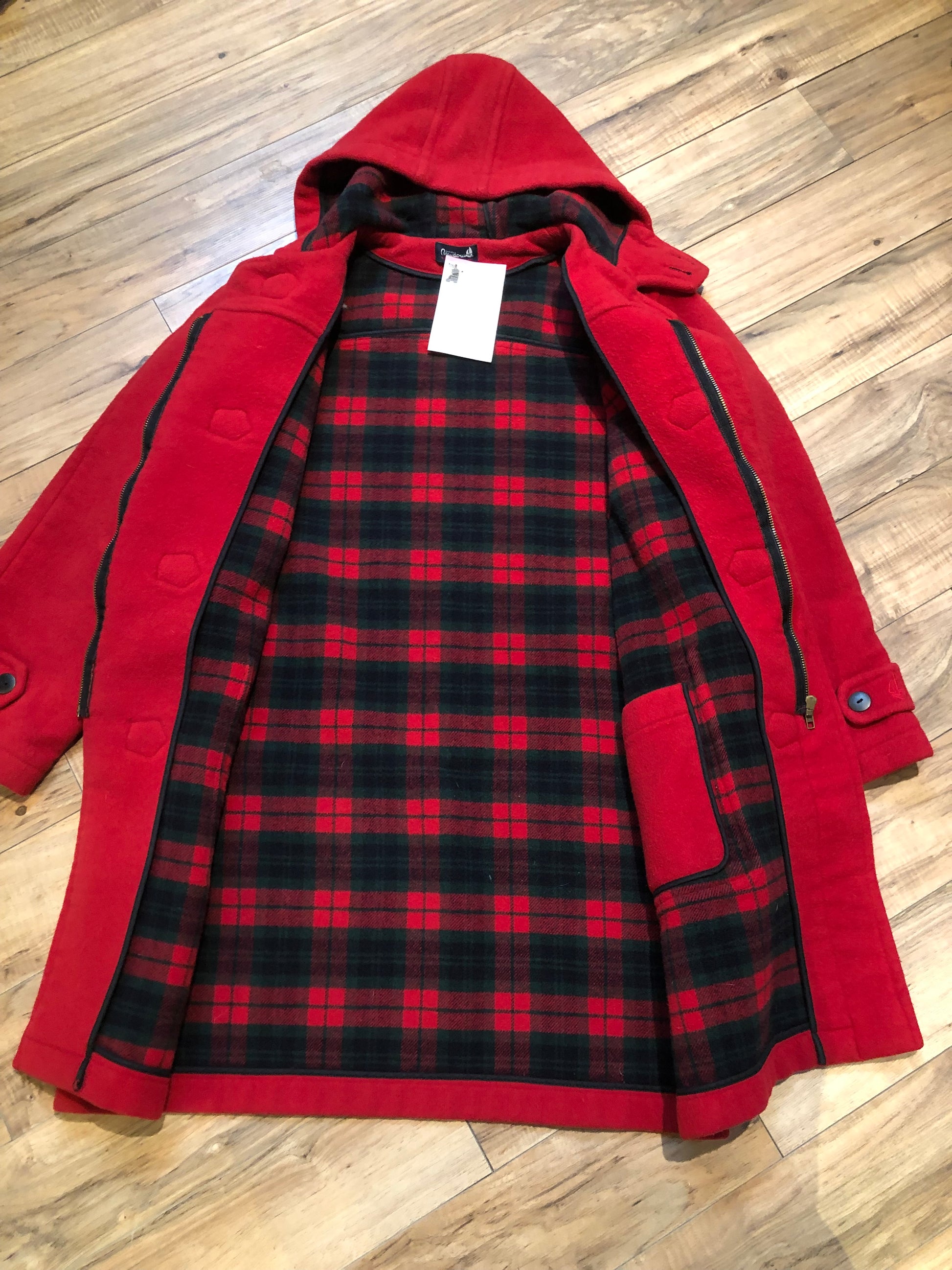 Kingspier Vintage - Michal Beaudouin red 100% wool duffle coat with hood, zipper and antler toggle closures, plaid lining, two front patch pockets and one inside pocket