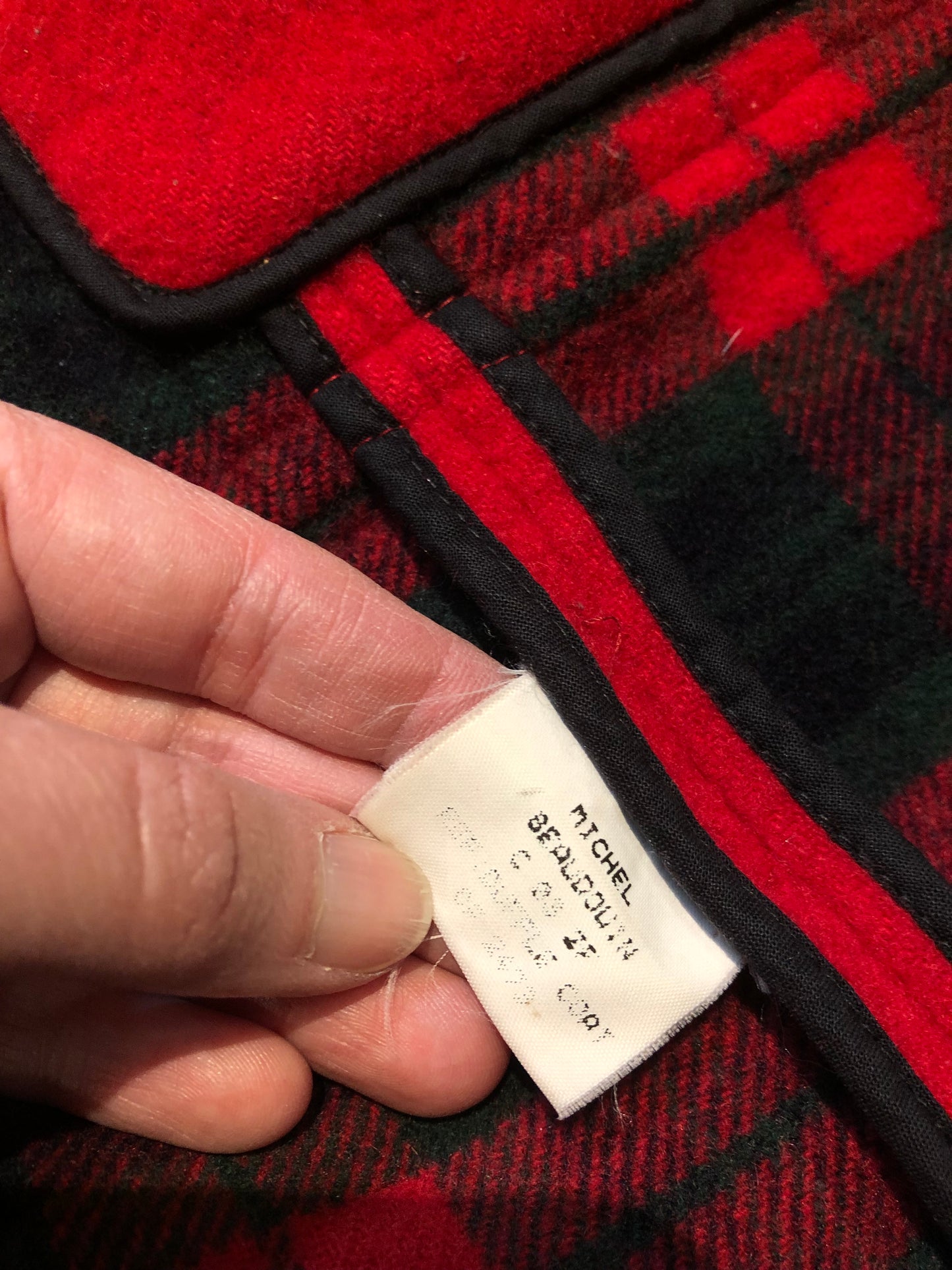 Kingspier Vintage - Michal Beaudouin red 100% wool duffle coat with hood, zipper and antler toggle closures, plaid lining, two front patch pockets and one inside pocket