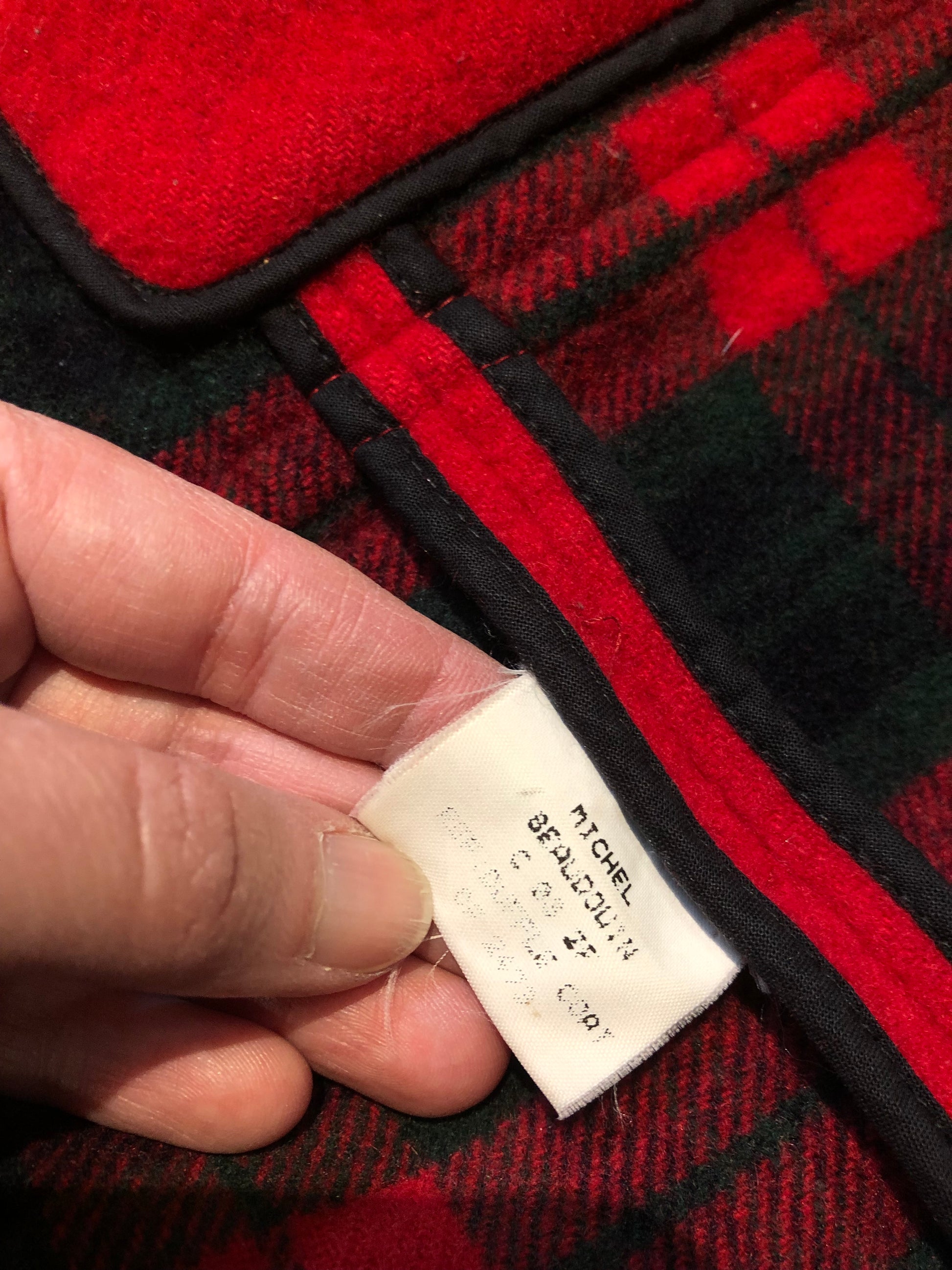 Kingspier Vintage - Michal Beaudouin red 100% wool duffle coat with hood, zipper and antler toggle closures, plaid lining, two front patch pockets and one inside pocket