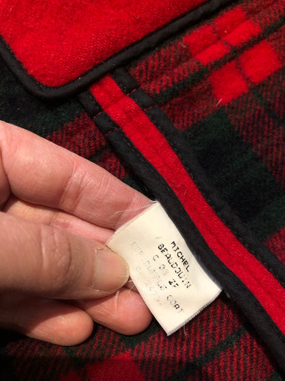 Kingspier Vintage - Michal Beaudouin red 100% wool duffle coat with hood, zipper and antler toggle closures, plaid lining, two front patch pockets and one inside pocket